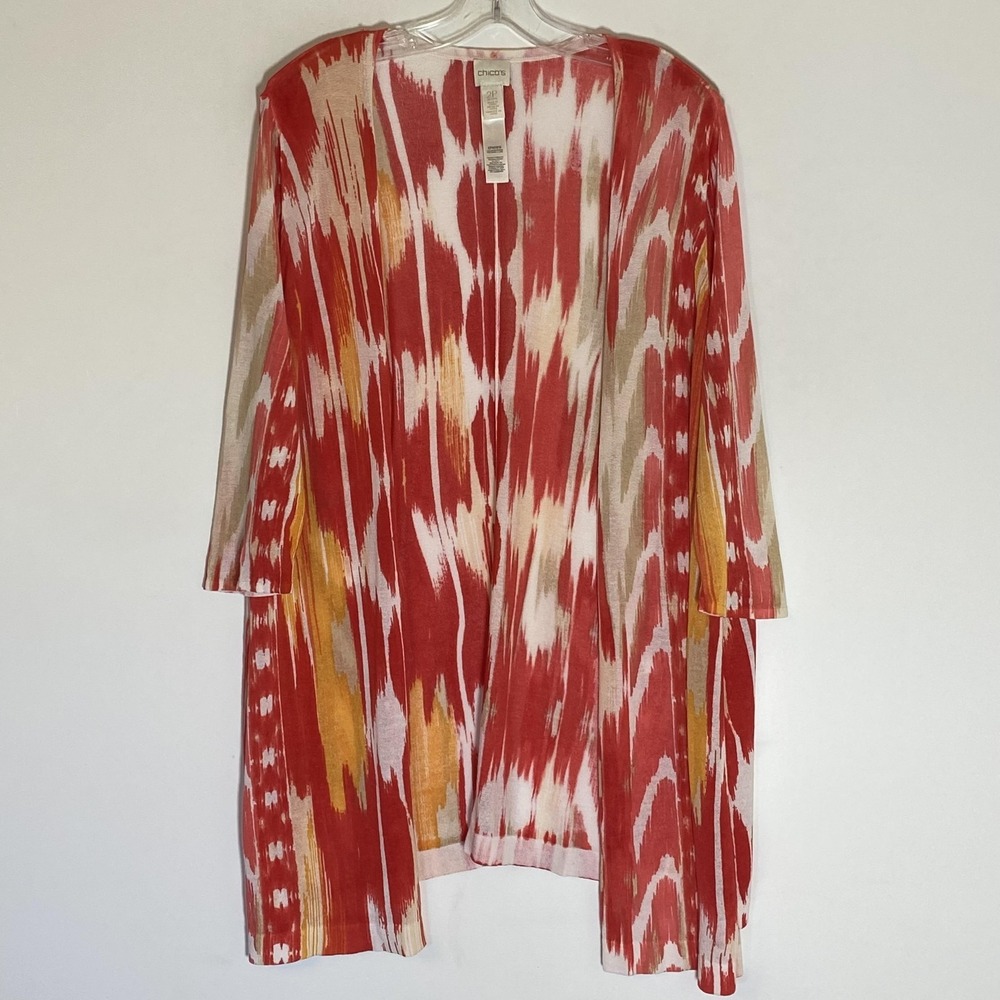 Chicos Cardigan Sweater‎ Womens Petites 2P Red Ikat Print Open Knit Lightweight